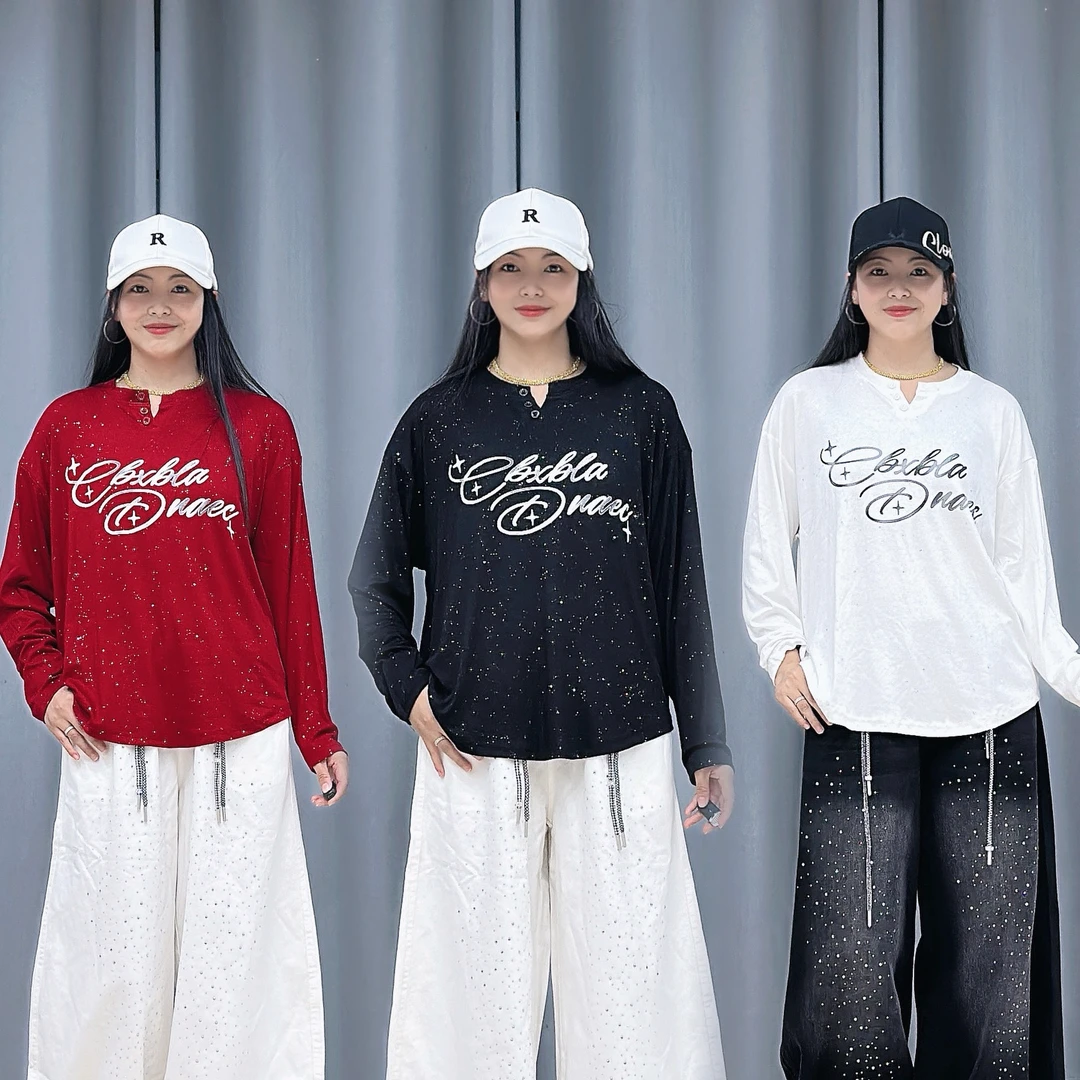 562亮闪闪莫代尔宽松字母上衣百搭休闲韩版时尚垂感好长袖印花