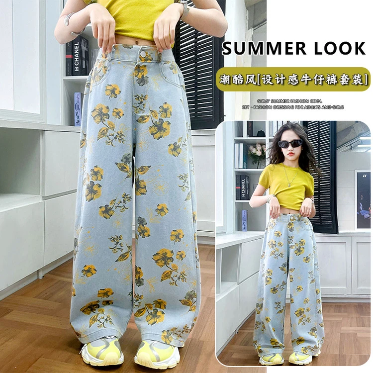 宝宝2025新款夏季时尚花朵草绿色套装女童洋气短袖两件套潮酷风