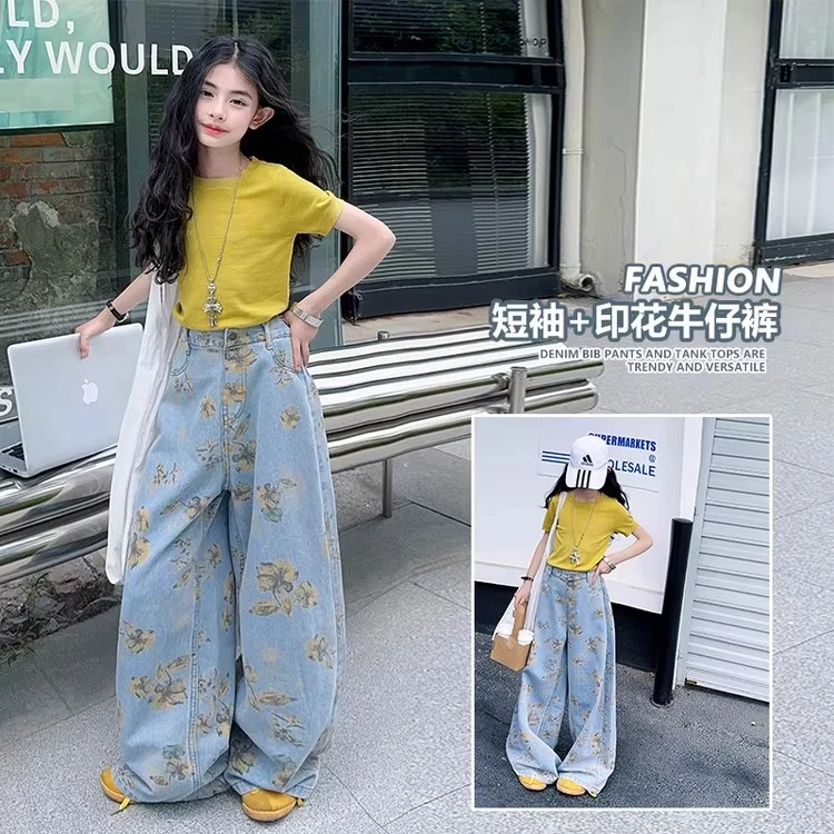 女童夏装套装2025新款儿童短袖碎花牛仔阔腿裤中大童小清新两件套