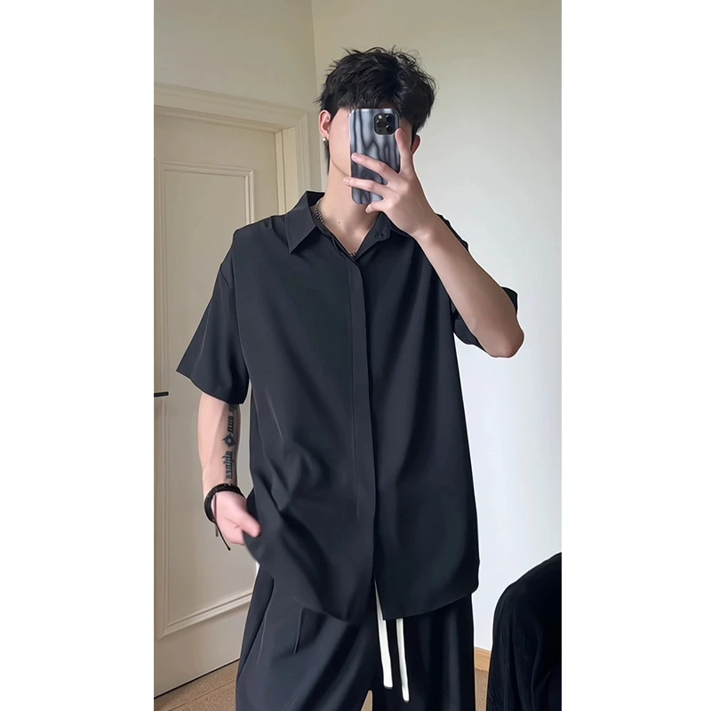 慵懒风宽松纯色短袖衬衫两件套男士夏季冰丝凉感休闲韩版衬衣套装