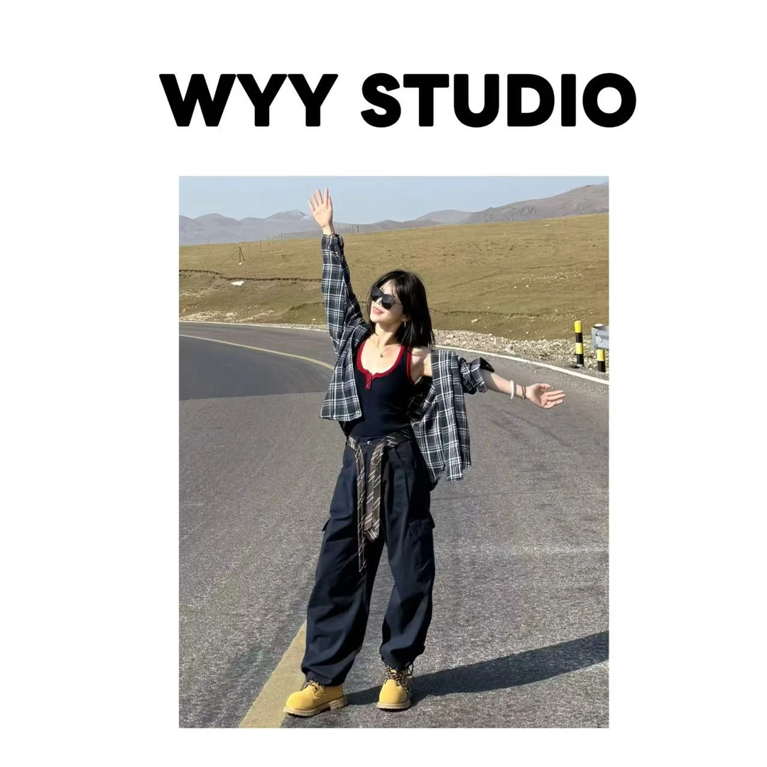 新款撞色腰带双口袋工装休闲阔腿裤XR08K-5802