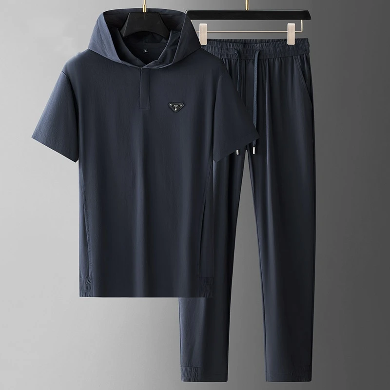 LUYEWEGER/路约威格抗皱免烫冰丝短袖套装男夏季薄款休闲连帽T恤