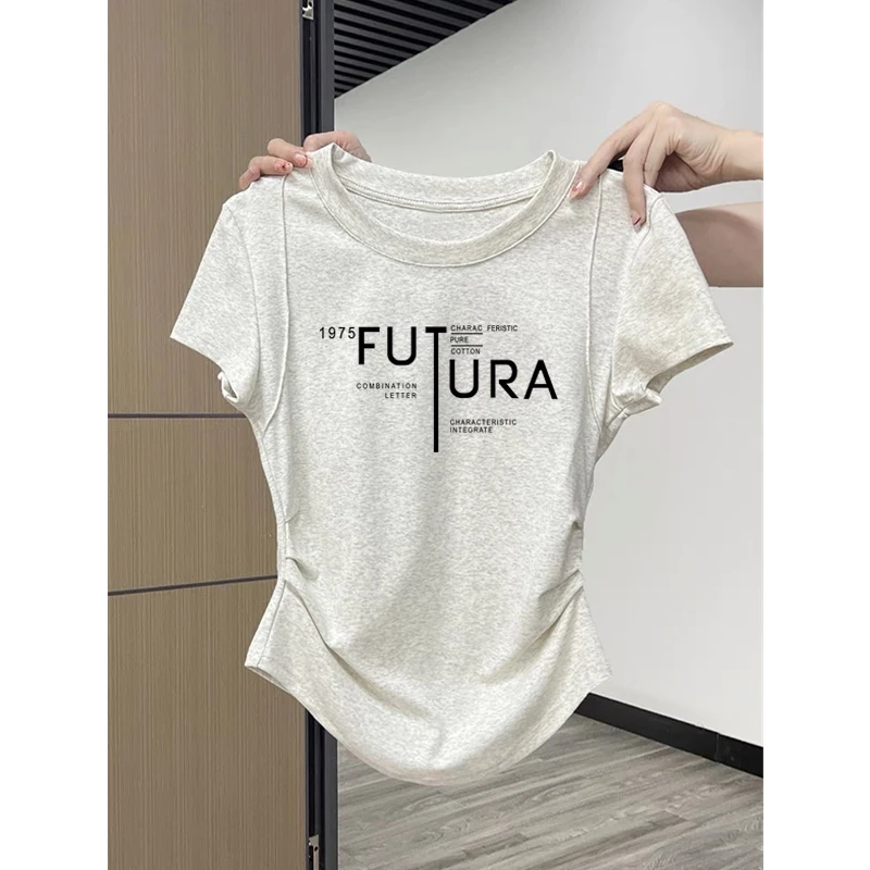 褶皱设计感正肩短袖t恤女夏季新款纯棉收腰弧形下摆修身灰色上衣