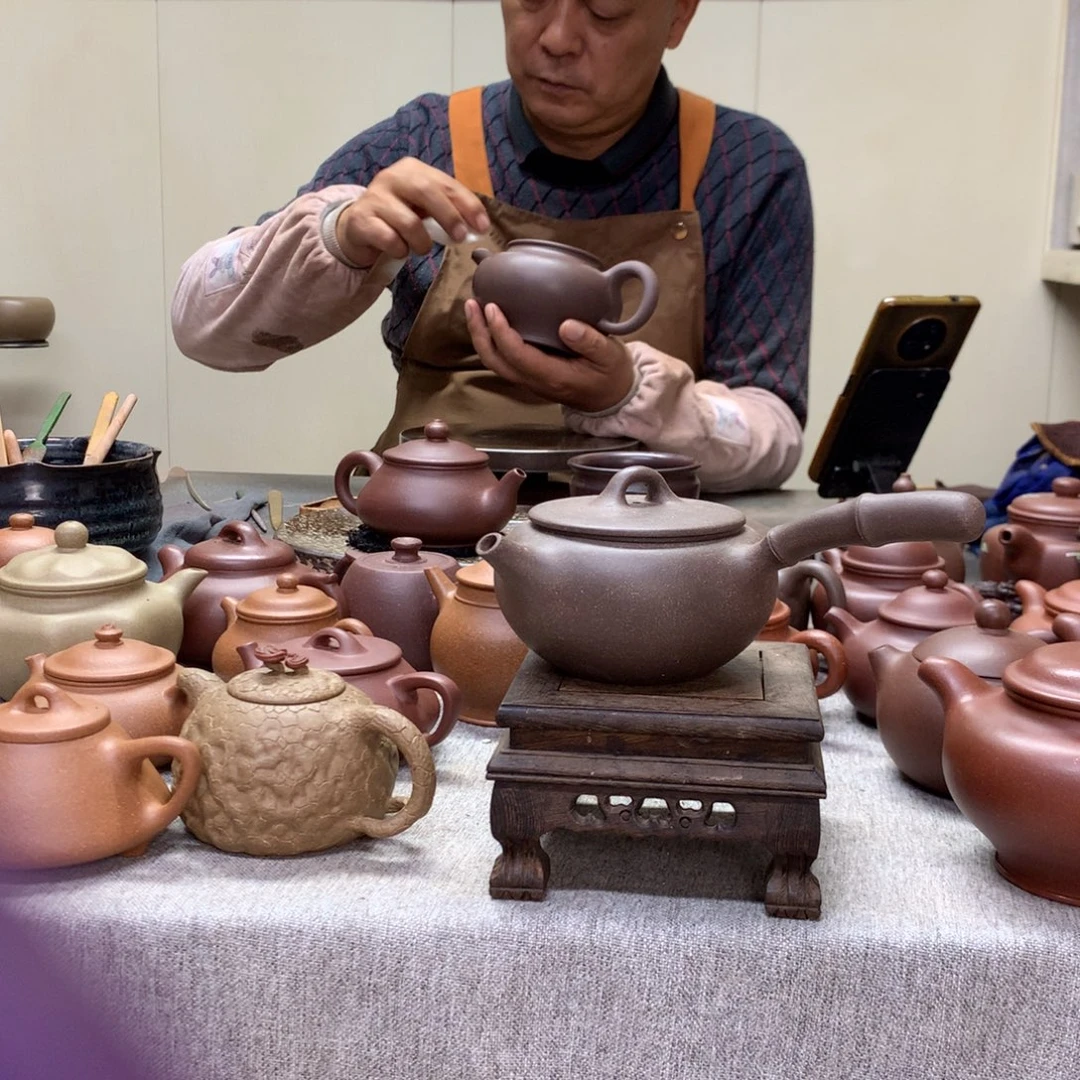 紫泥茶壶侧把壶半手工制作