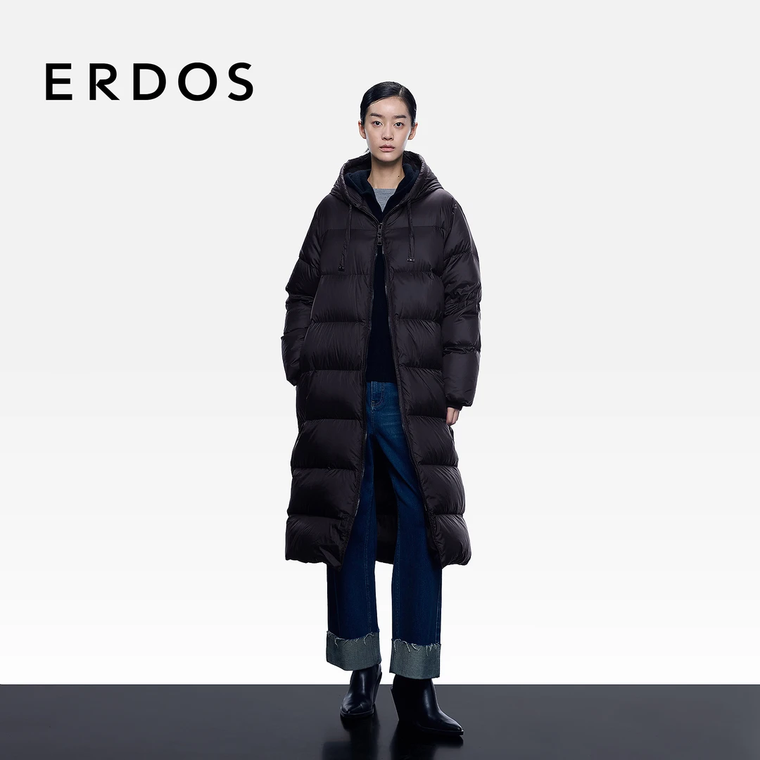 ERDOS 长款羽绒服25年秋冬新品白鹅绒填充宽松面包服连帽保暖外套