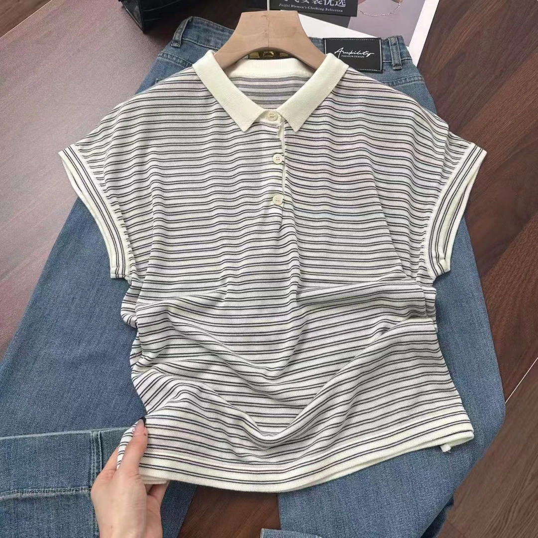 极简风气场女王~细条纹Polo领小飞袖！气质清爽凉快针织衫Y7603杏