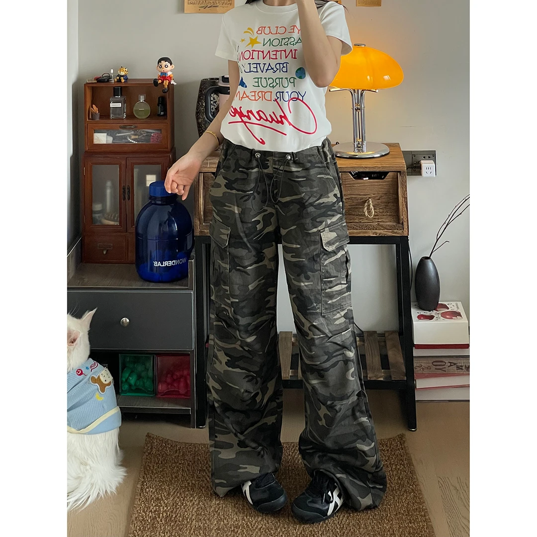 阿渔快跑美式复古直筒迷彩休闲工装裤男女宽松显瘦辣妹抽绳潮长裤