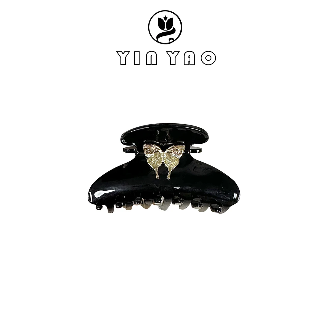 【YINYAO】原单设计醋酸金蝴蝶结鲨鱼夹中小发量抓夹黑色优雅1004