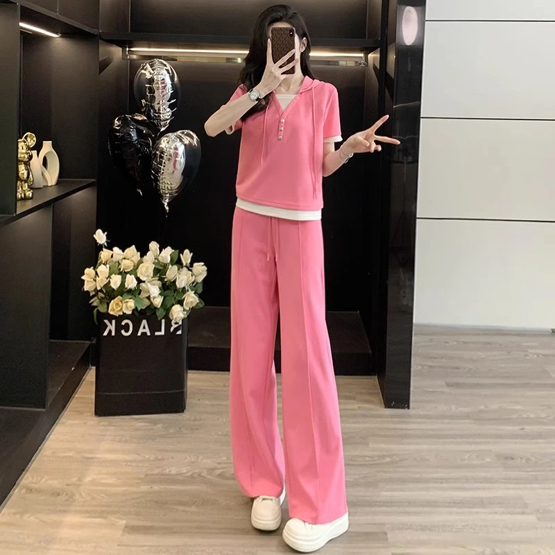 盐系粉色休闲运动套装女夏季洋气减龄假两件短袖卫衣阔腿裤两件套