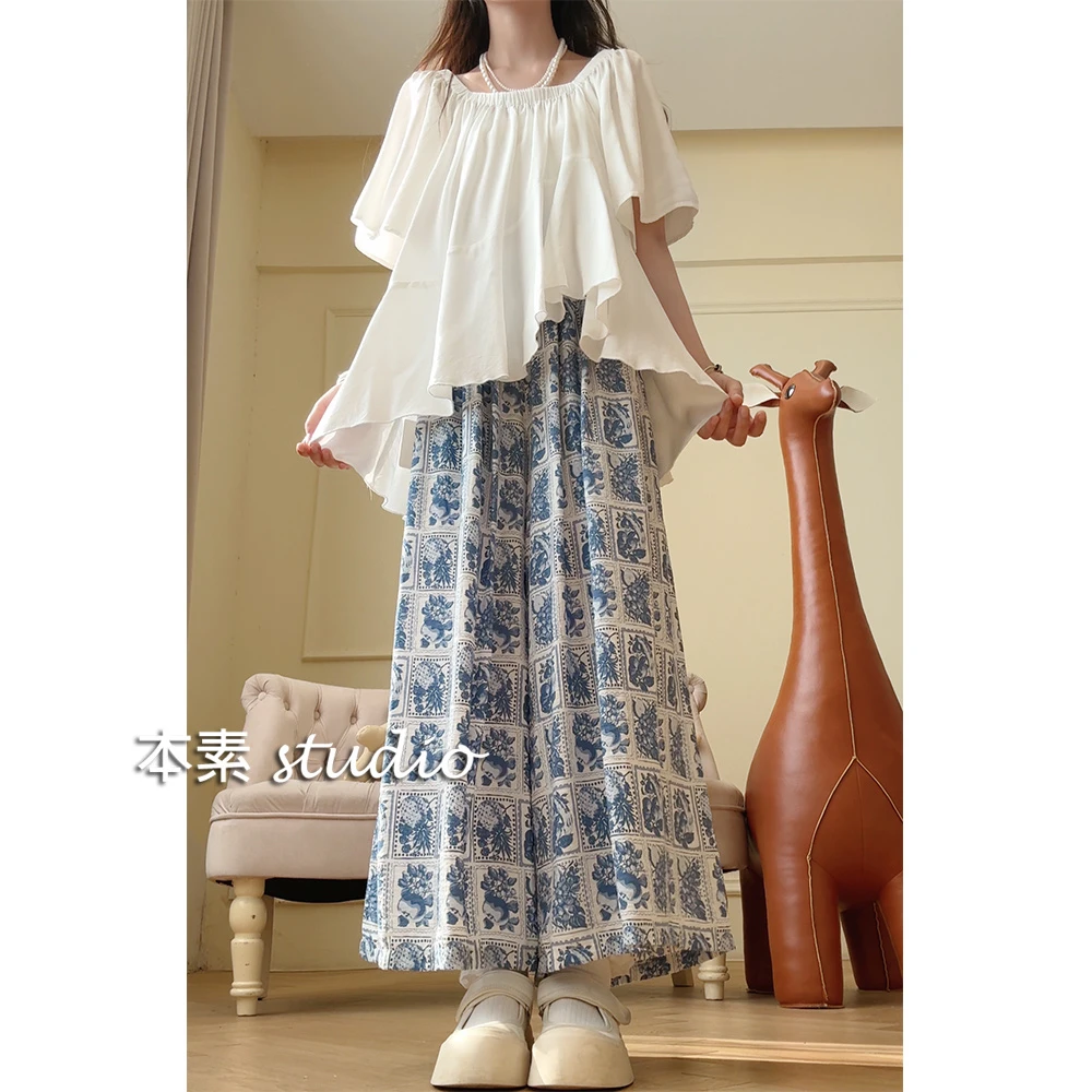 青花裤Y2754印花松紧腰阔腿裤