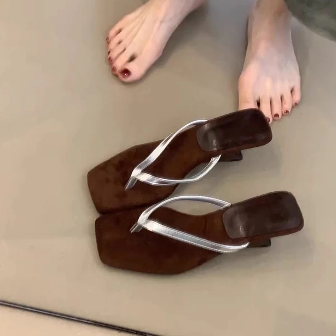 羊皮版~法式气质夹趾高跟凉拖鞋外穿方头配裙子度假沙滩人字拖女