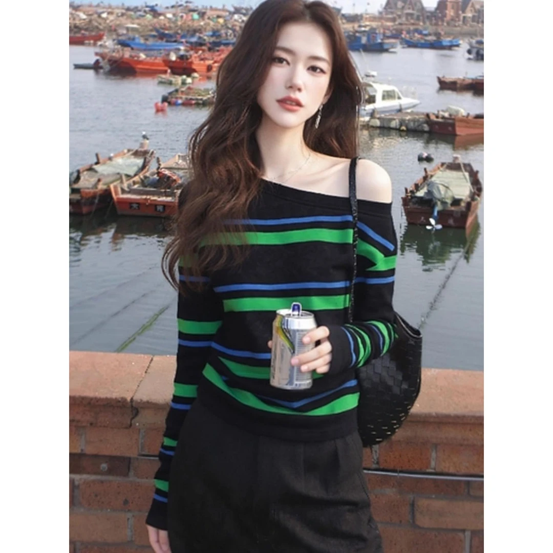 2025春秋季新款女士韩版独特超好看针织衫慵懒风斜肩条纹T恤上衣