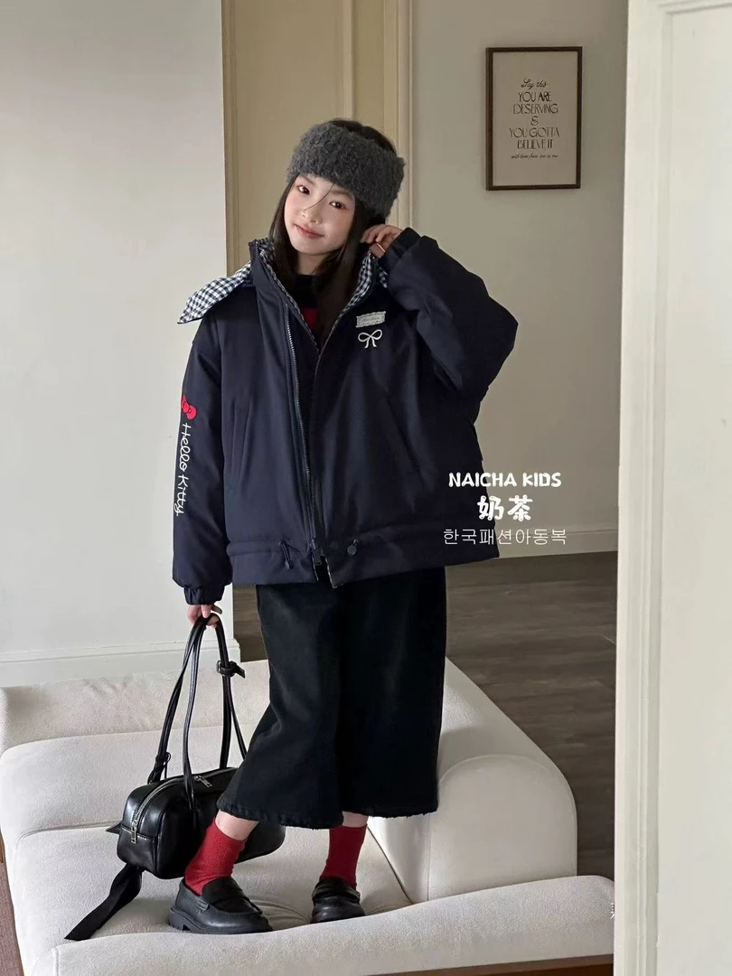 花田涧BORAQIN原创韩版童装2025冬儿童格子校园短款连帽棉服棉袄