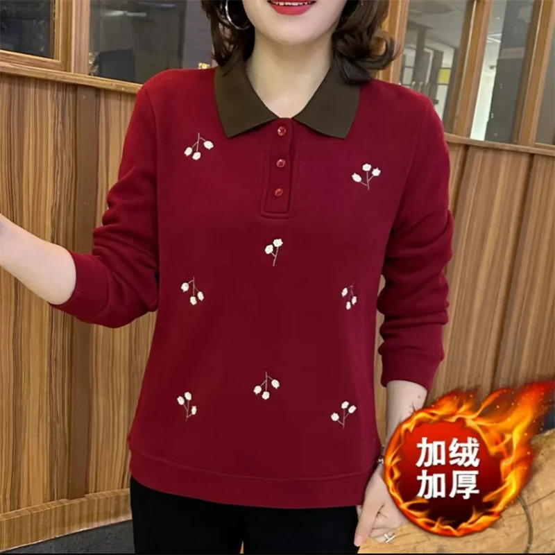 冬季加绒保暖卫衣女减龄气质POLO领时尚刺绣小花宽松简约百搭上衣