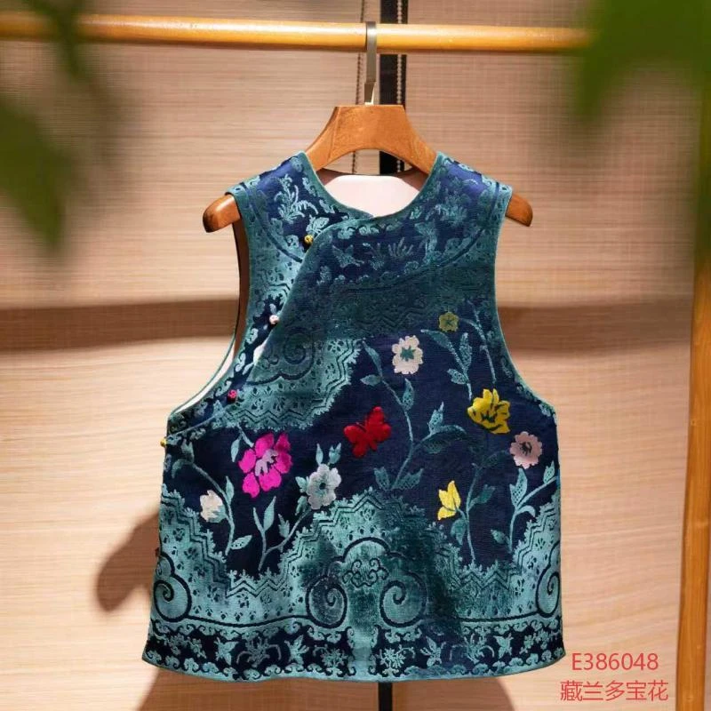 漳绒定位花国风桑蚕丝圆领斜襟马甲中式上衣E-386048