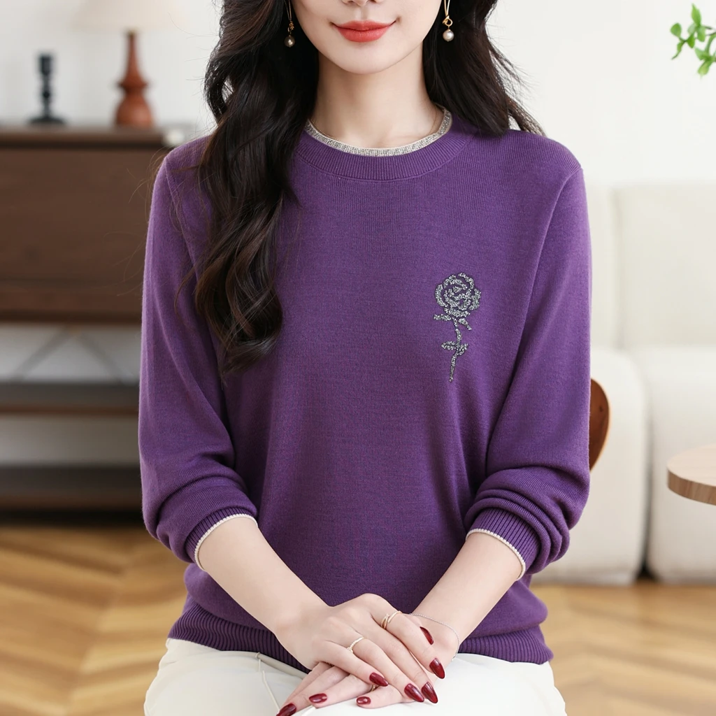 时尚九分袖T恤上衣女春秋装中年妈妈装宽松大码遮肚子针织小衫薄