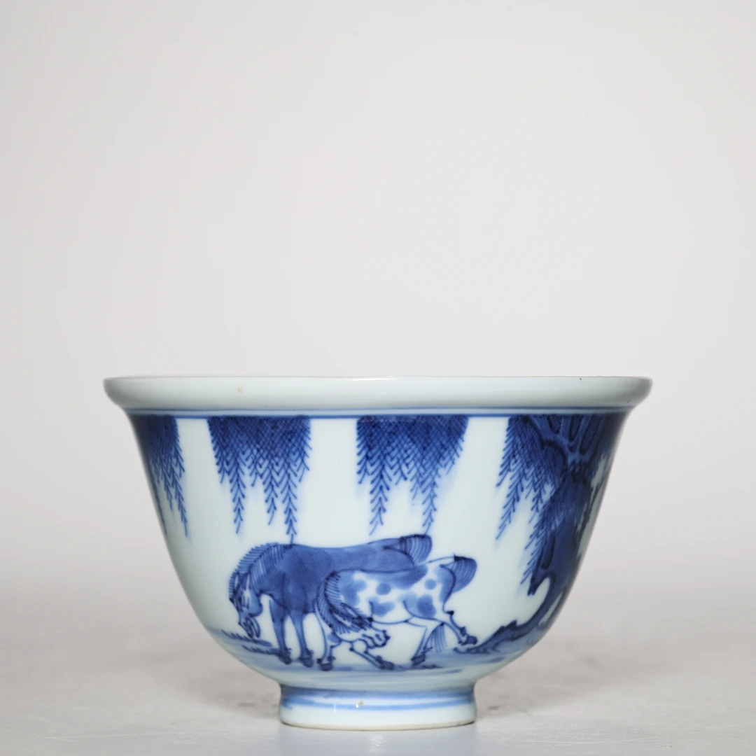 【预展专用】6010清中期·青花柳下双骏图杯