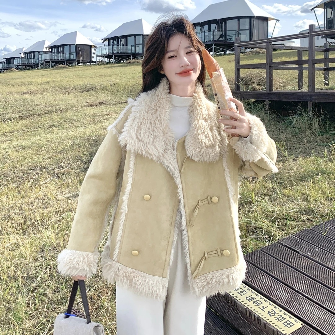 韩系麂皮绒皮毛一体外套女2025冬季新款巨好看加绒加厚宽松机车服