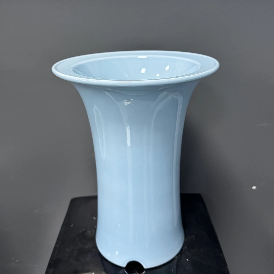 天青釉手工束腰花盆陶瓷适合兰花种植(高度:26.5cm，外口20.50cm)