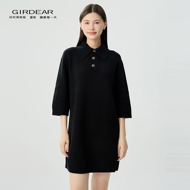 GIRDEAR/哥弟翻领秋季POLO领连衣裙宽松显瘦秋冬气质高级1599030