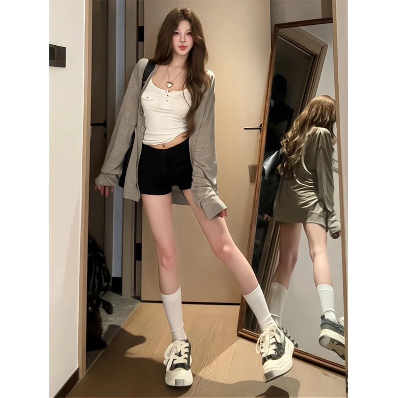 2025新款女士夏季简约设计感针织开衫无袖吊带背心上衣高腰短裤