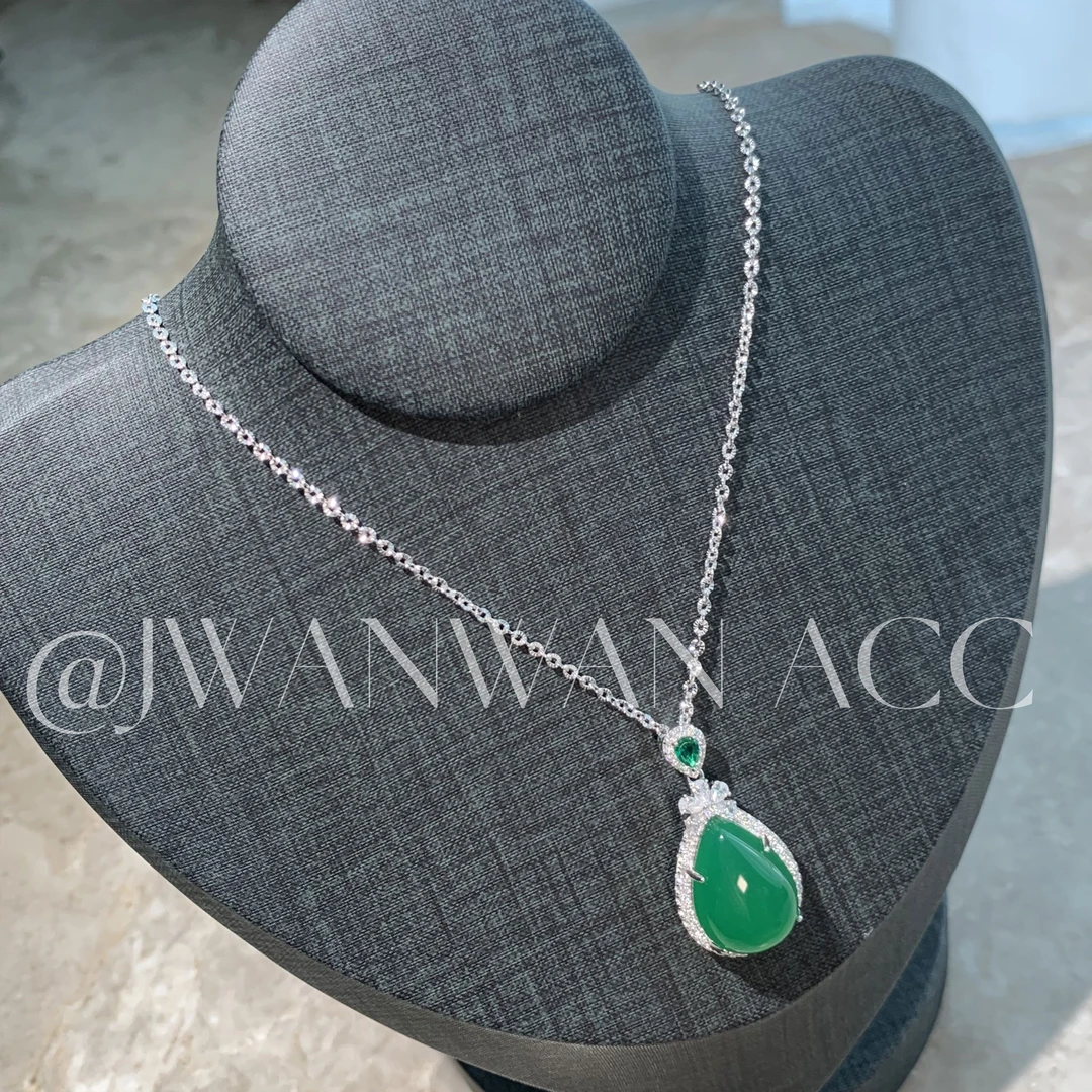 坠链均925银锆石 东方露.水滴型绿瑙新国风银项链11XL4041BDL