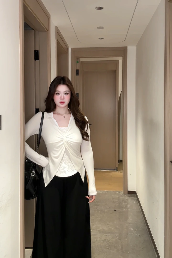 微胖MM定制纯欲假两件蕾丝拼接长袖T恤慵懒松弛感辣妹风上衣套装
