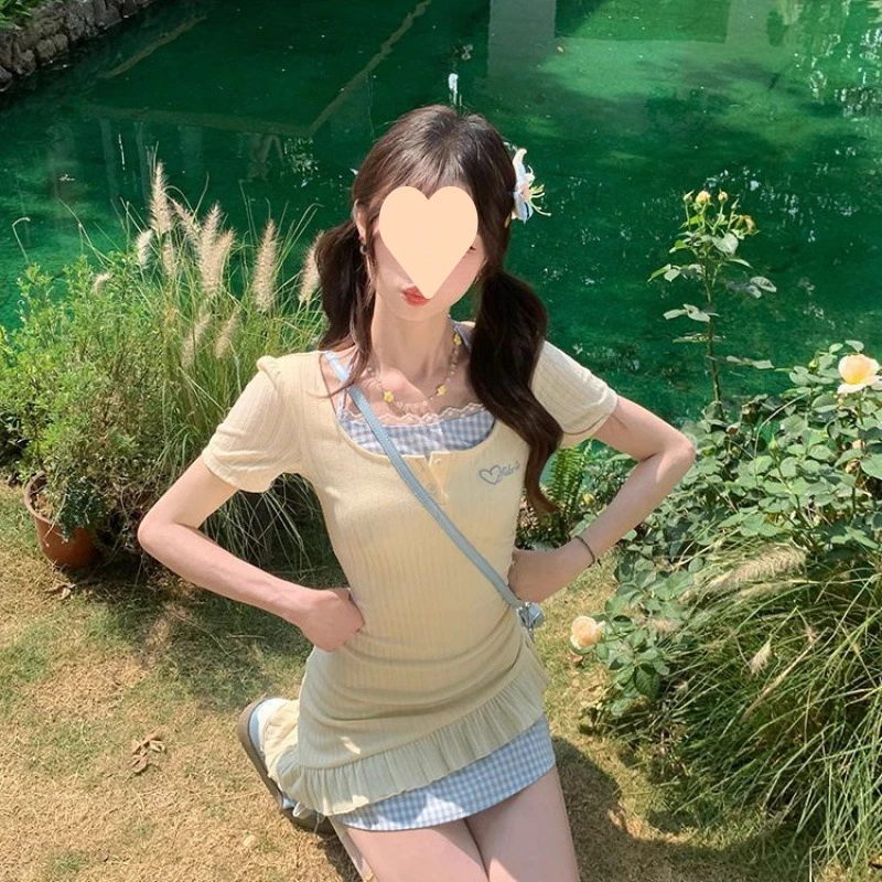 纯欲风甜妹挂脖假两件连衣裙针织短袖女小个子夏季假两件显瘦裙子