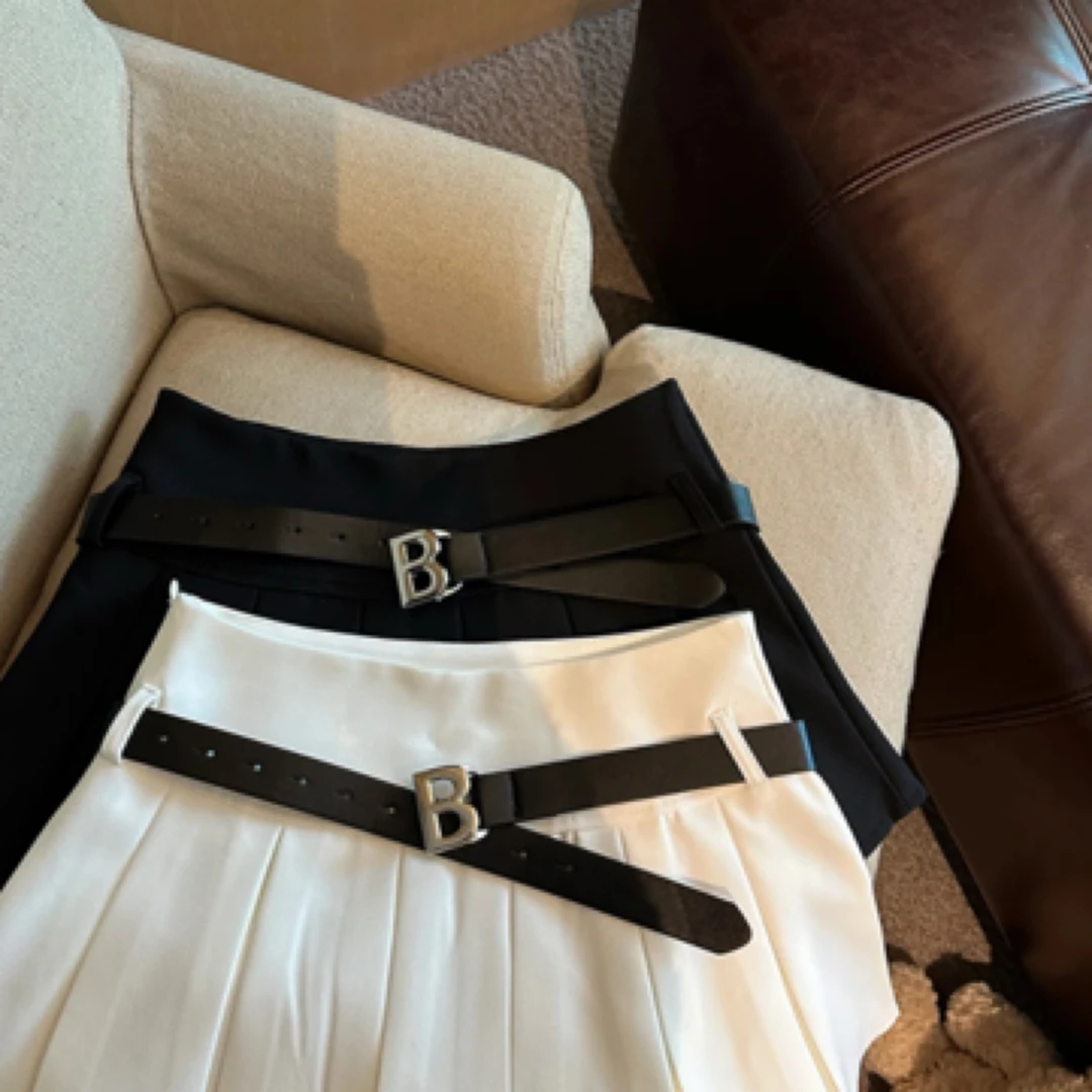 韩系减龄2025春夏韩版纯色高腰百褶半身裙西装面料短裙配腰带女潮