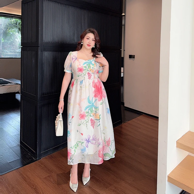GLEC大码女装2025年夏季新款法式度假风时尚优雅高级感印花连衣裙