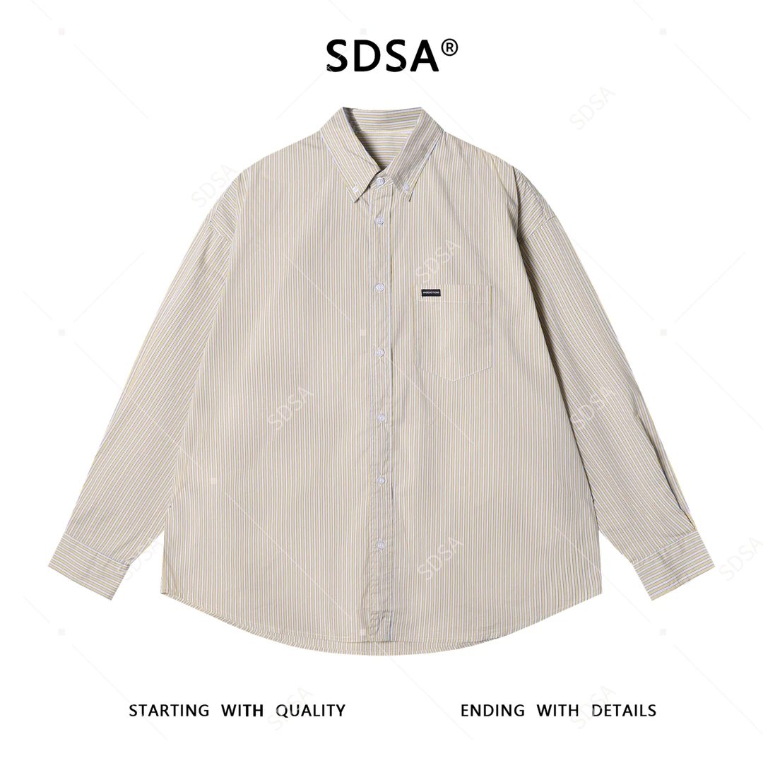 SDSA男士秋冬新款痞帅男装潮牌撞色竖纹口袋翻领长袖衬衫宽松百搭