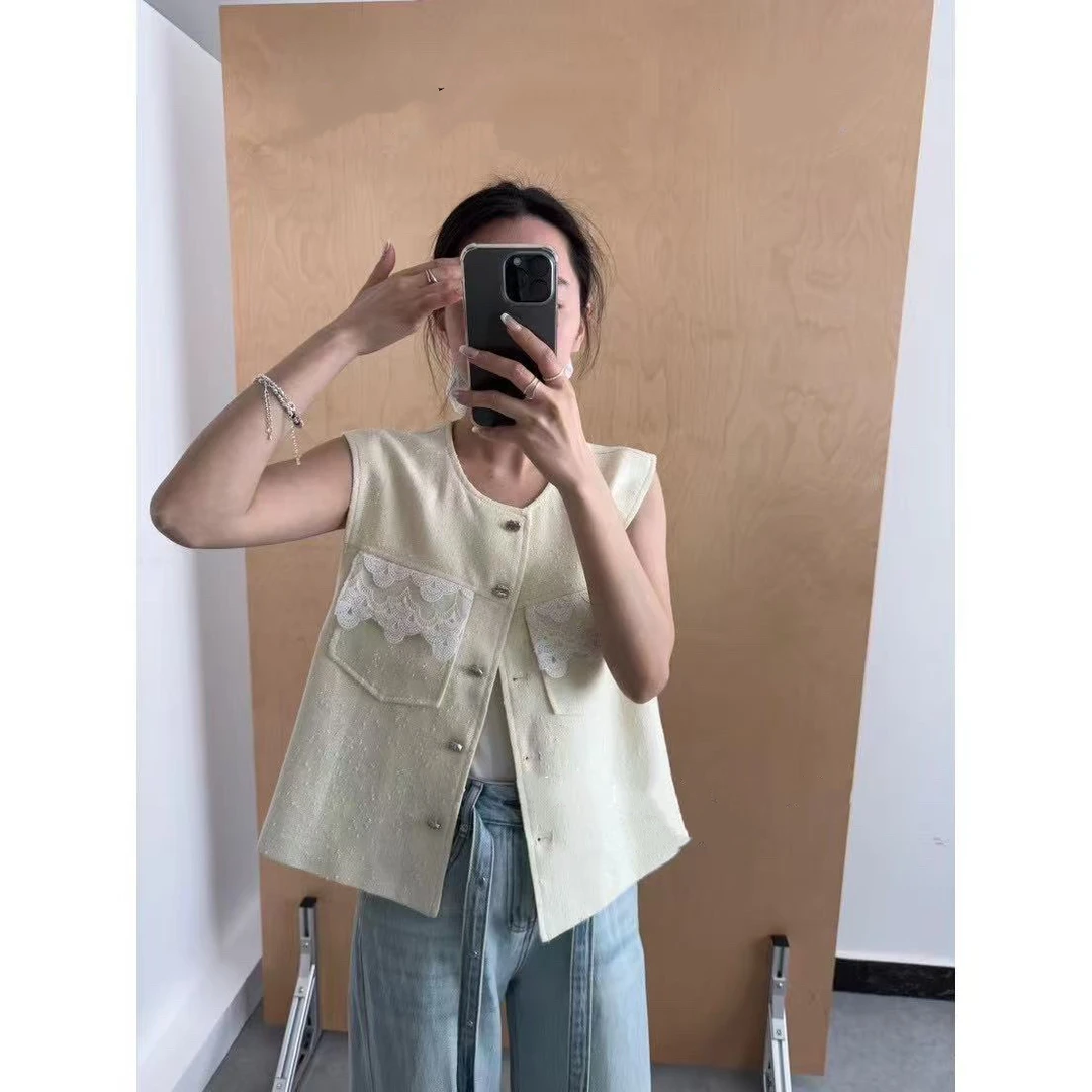 【66053】巧#小香风蕾丝百搭马甲上衣