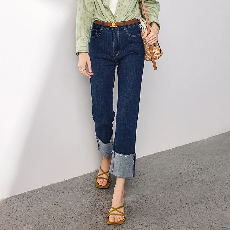 法曼萱牛仔裤女直筒2025春季新款卷边九分裤