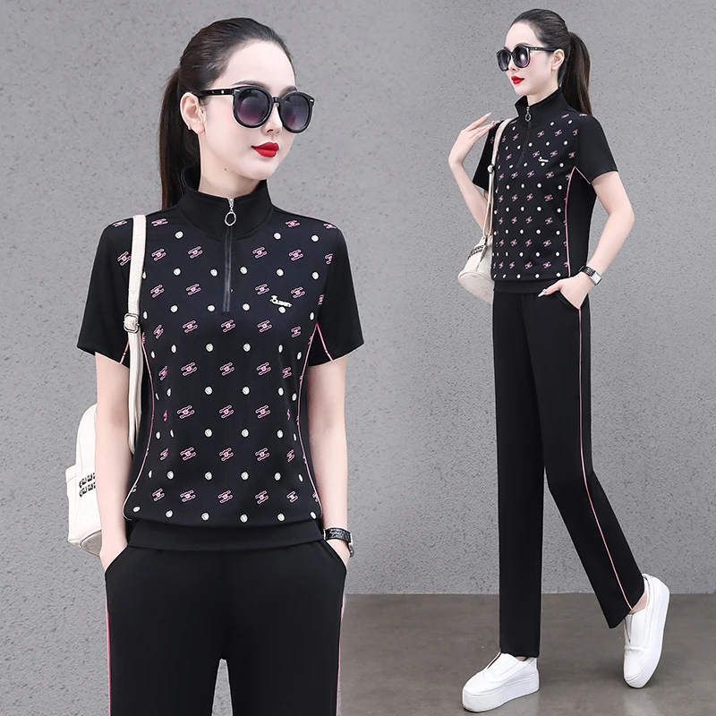 恩狐夏季新款宽松透气短袖长裤跑步休闲运动套装女时尚减龄两件套