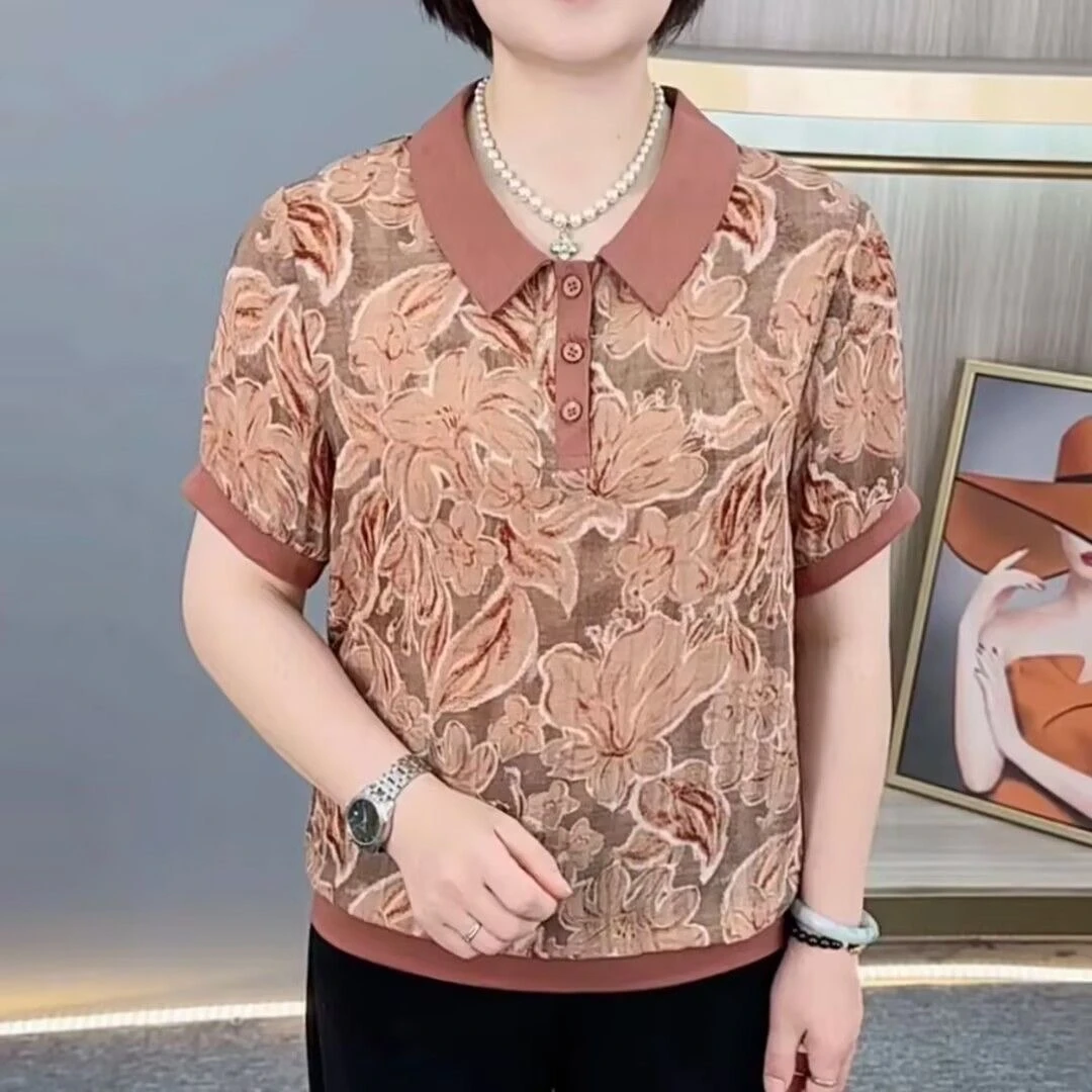 夏季新款休闲短袖中老年翻领妈妈装气质百搭宽松遮肚显瘦印花T恤