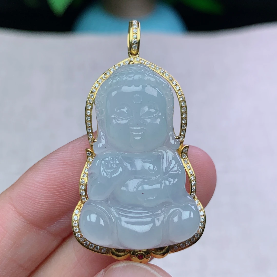 缅甸天然翡翠A货45.6-24.6-9.2玉石18k金镶嵌冰种白冰宝宝佛吊坠