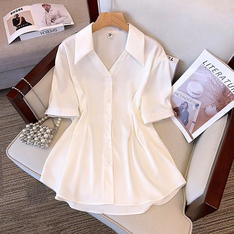 大码女装收腰短袖衬衫夏季2025显瘦遮肚新款胖妹妹时尚气质上衣