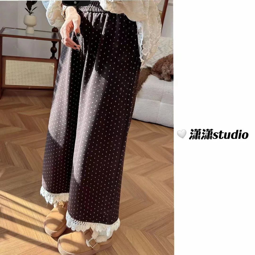 【波点花边裤】【内里加绒】潇潇下摆珍珠花边波点直筒阔腿裤XT0003