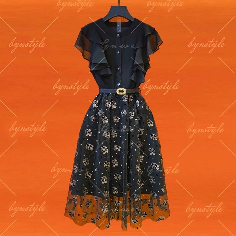 2025金色玫瑰连衣裙黑色蕾丝下摆轻奢植绒烫金显瘦时尚百搭中长裙