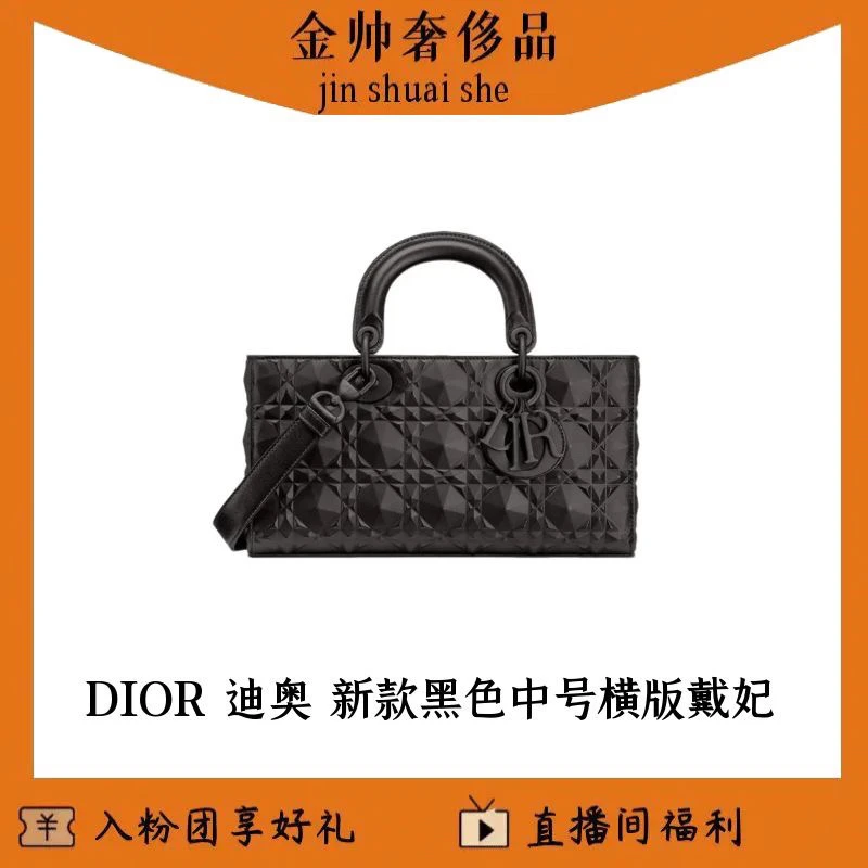 99新 DIOR/迪奥 黑色/横版戴妃/中号/钻石型藤格纹/单肩包B5207
