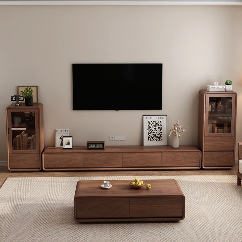 2025新款实木电视柜茶几组合胡桃色电视机柜旁边置物柜落地款美式