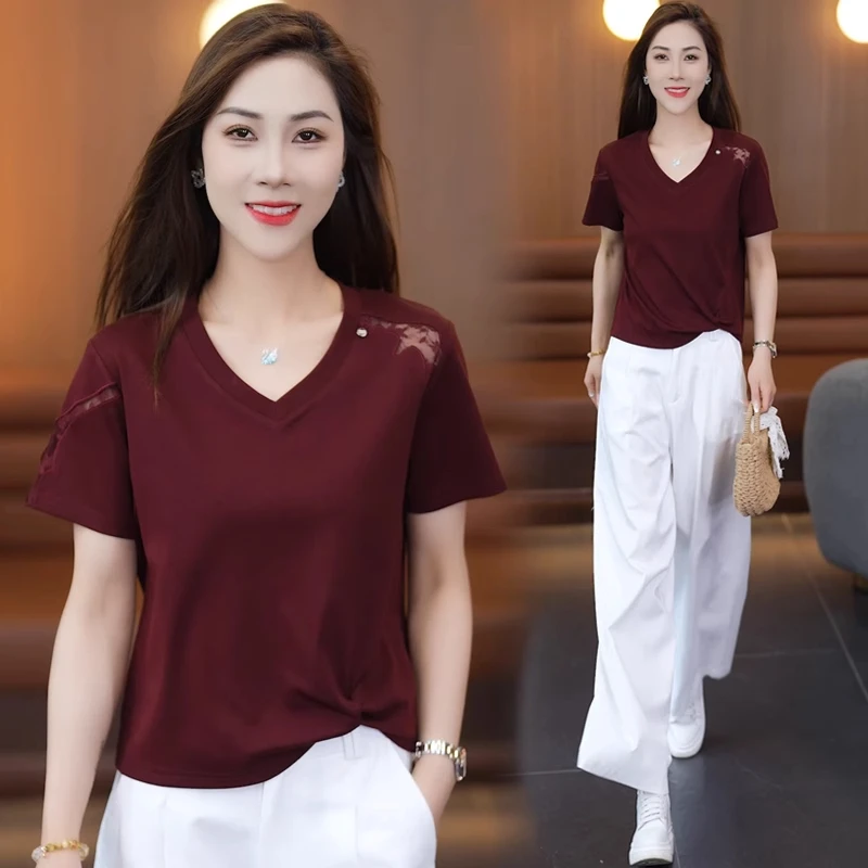 夏季薄款V领镂空T恤女2025新款洋气时尚短袖百搭休闲修身显瘦上衣