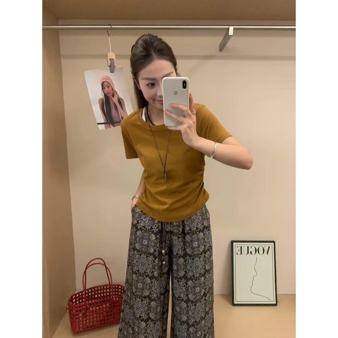 老钱风复古纯色收腰T+棉麻阔腿裤套装轻薄夏慵懒复古松弛感垂感