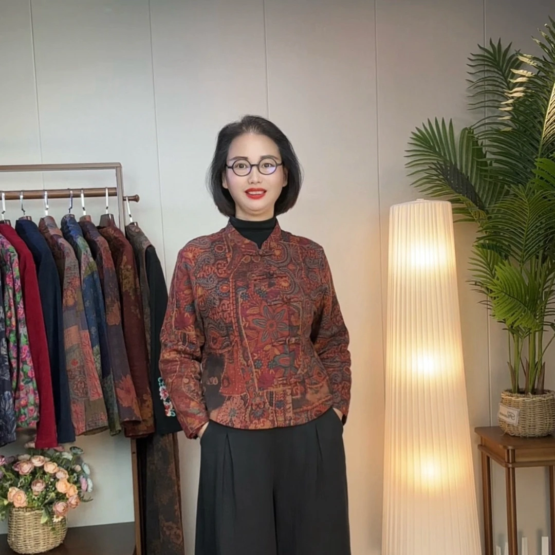 〈花满园12〉斜纹棉纱数码印花立领盘扣长袖秋款妈妈装上衣2531-1