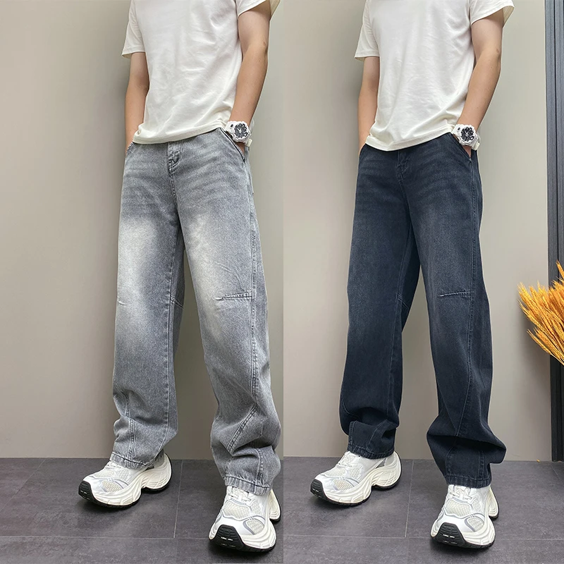 美式复古渐变色水洗牛仔裤男士2025秋季宽松直筒休闲裤痞帅弯刀裤