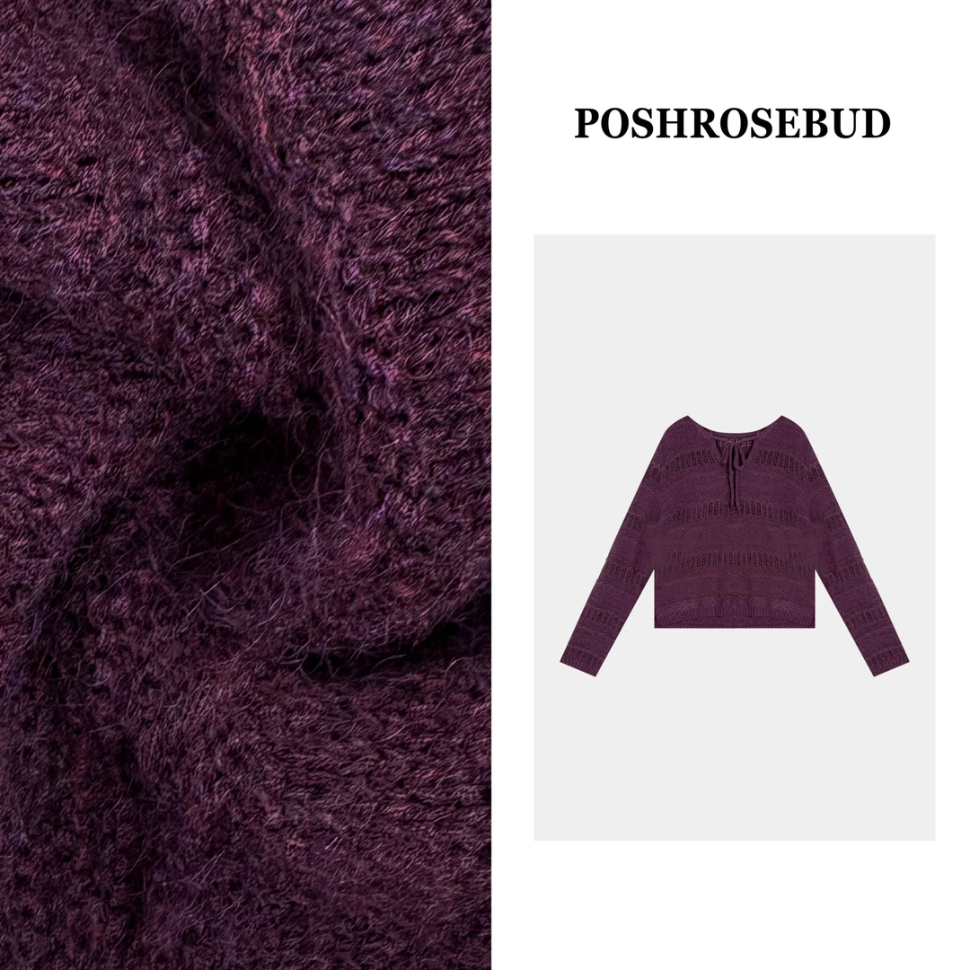 POSHROSEBUD【罗威日记】绵羊毛圆领镂空系带气质时尚针织衫-5865