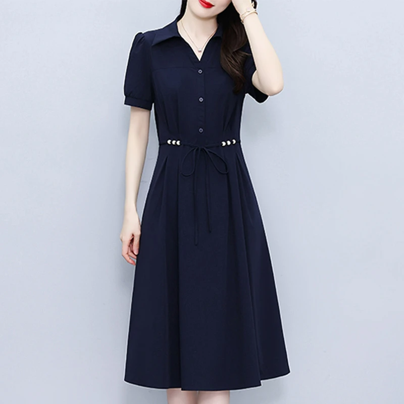 2025年夏季新款气质显瘦遮肚中长款大码短袖连衣裙