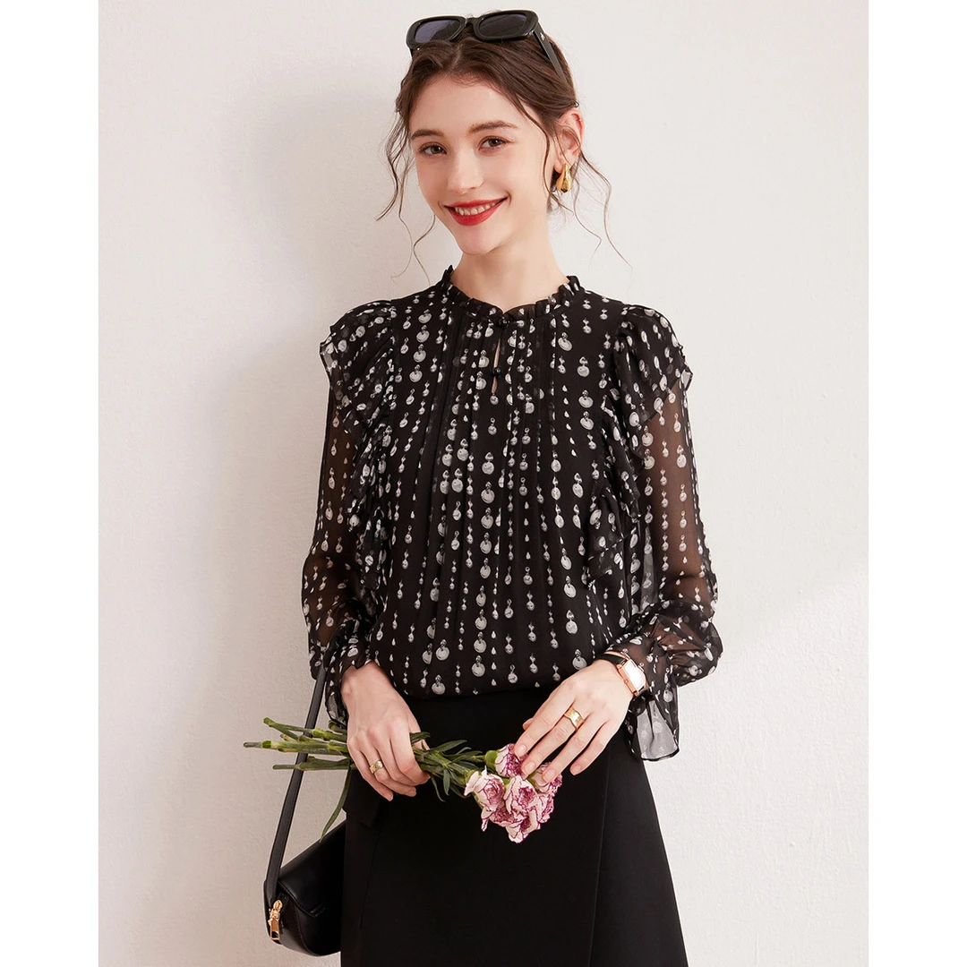 白鹿语春秋季款时尚温柔造型泡泡袖无弹女装衬衫WBL10087