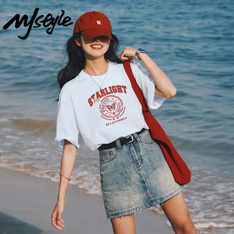 MJSTYLE短袖t恤女2025新款宽松休闲纯棉上衣半袖五一旅游出街衣服