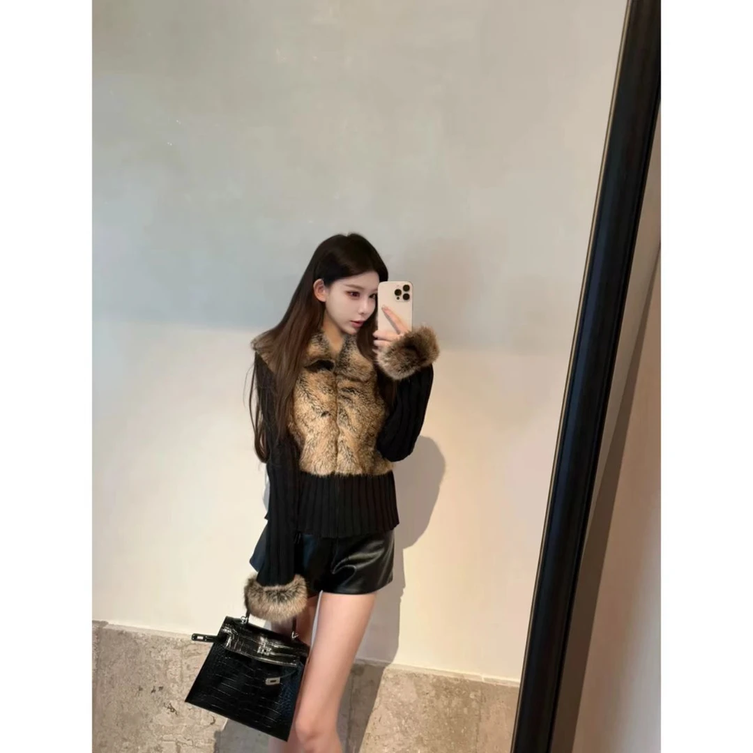 睿夕【醇醇摩卡】复古针织拼接环保毛假两件保暖毛毛外套